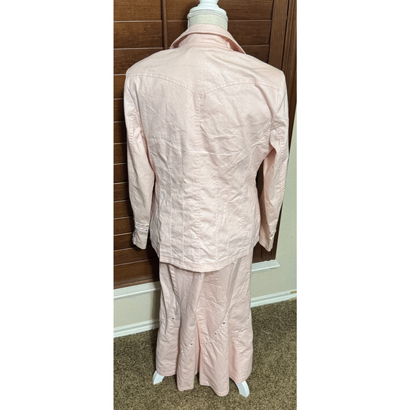 Womens Denim By Milano 3 Pc Suit Skirt Jacket shell Baby Pink sz 10 Bling - Picture 7 of 13